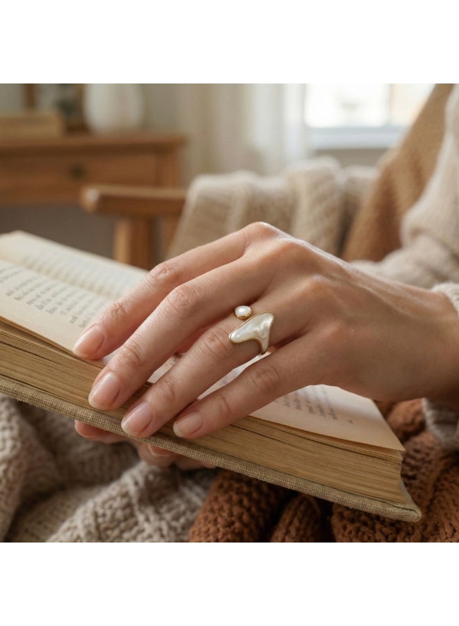 Organic Pearl Art Ring – Free Form Golden Design – Adjustable Free Size – Hypoallergenic Stainless Steel - Image 2